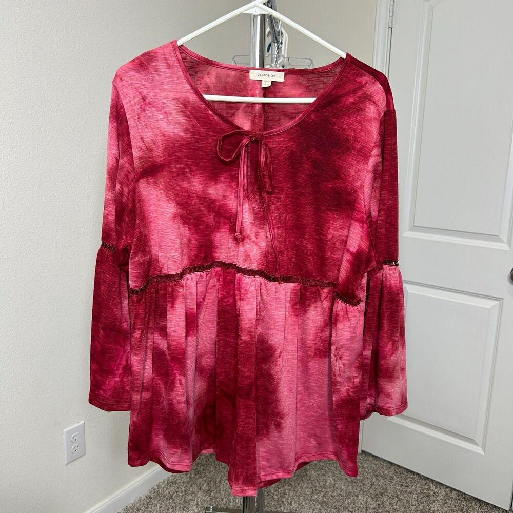 Paper + Tee Blouse Red Tie Dye Babydoll Crochet Trim Bell Sleeve Top Plus 2X